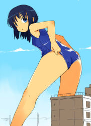 Rule 34 | 1girl, adjusting clothes, adjusting swimsuit, ass, blue eyes, city, female focus, from behind, fuyuno mikan, giant, giantess, looking back, one-piece swimsuit, original, parted lips, solo, swimsuit, wedgie