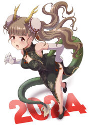 Rule 34 | 1girl, 2024, bare shoulders, blunt bangs, blush, breasts, brown hair, china dress, chinese clothes, claw pose, cleavage, cleavage cutout, clothing cutout, double bun, dragon horns, dragon tail, dress, fang, green dress, hair bun, highres, horns, idolmaster, idolmaster cinderella girls, kamiya nao, large breasts, long hair, new year, open mouth, red eyes, satomura kyou, solo, tail, thick eyebrows, thighs, white background