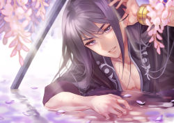 Rule 34 | 1boy, bishounen, black hair, black shirt, bracelet, itsuki (strife ninnin), jewelry, long hair, looking at viewer, male focus, parted lips, partially submerged, petals, planted, planted sword, planted weapon, purple eyes, shirt, signature, solo, sword, tales of (series), tales of vesperia, water, weapon, yuri lowell
