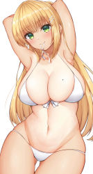 Rule 34 | 1girl, absurdres, armpits, arms up, bikini, blonde hair, breasts, cleavage, green eyes, highres, large breasts, looking at viewer, mole, mole on breast, navel, original, ryakusun, simple background, smile, solo, swimsuit, tan, tanline, thighs, white background, white bikini