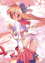 Rule 34 | 1girl, absurdres, ahoge, animal, animal ears, animal on head, blonde hair, blush, cat, cat ears, cat tail, clothes pull, clothing cutout, flying sweatdrops, highres, long hair, looking at viewer, on head, original, panties, red eyes, ribbon, scan, school uniform, signature, skirt, skirt pull, solo, striped clothes, striped panties, sumaki shungo, tail, tail ornament, tail ribbon, tail through clothes, tears, underwear, very long hair