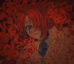 Rule 34 | 1boy, black eyes, blood, blood on clothes, blood on face, cape, collared shirt, hair over one eye, highres, intestines, looking at viewer, lying, male focus, master detective archives: rain code, messy hair, necktie, oishikunatte shintoujou, on back, open mouth, red background, red hair, shirt, short hair, smile, solo, upper body, white cape, white shirt, yomi hellsmile