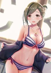 Rule 34 | 1girl, absurdres, backlighting, bare shoulders, bikini, blue bikini, blurry, blurry background, blush, breasts, collarbone, commentary, cowboy shot, green eyes, green hair, highres, idolmaster, idolmaster shiny colors, jewelry, leaning to the side, lifebuoy ornament, looking at viewer, masuku (saint mask), medium breasts, nanakusa hazuki, navel, necklace, open clothes, open mouth, sleeves past wrists, solo, star (symbol), strap gap, striped bikini, striped clothes, swept bangs, swimsuit, white bikini