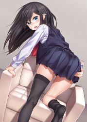 Rule 34 | 1girl, aqua eyes, arm support, armchair, ass, bent over, black hair, black thighhighs, blue eyes, blush, chair, dutch angle, feet, from behind, hair ornament, kneepits, leg up, long hair, looking at viewer, loose thighhigh, no shoes, open mouth, original, pleated skirt, ray-akila, ray littlechamber, skirt, socks, soles, solo, thighhighs