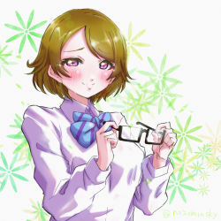 Rule 34 | 1girl, aqua bow, artist name, artist request, blue bow, blush, bow, bowtie, breasts, brown hair, collared shirt, dress, female focus, glasses, hair between eyes, highres, holding, holding glasses, koizumi hanayo, love live!, love live! school idol project, medium breasts, otonokizaka school uniform, parted lips, purple eyes, school uniform, shirt, short hair, short sleeves, smile, solo, striped, striped bow, upper body, white background, white shirt