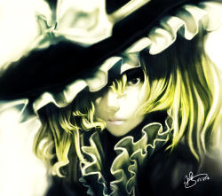 Rule 34 | 1girl, blonde hair, blue eyes, eyelashes, female focus, hat, hat over one eye, highres, kirisame marisa, aged up, one eye covered, realistic, short hair, solo, touhou, urami, witch, witch hat