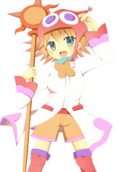 Rule 34 | 1girl, amitie (puyopuyo), aqua eyes, boots, bow, brown hair, hat, holding, holding clothes, holding hat, holding staff, no lineart, official alternate costume, open mouth, orange bow, orange shorts, puyopuyo, red amitie, red footwear, rento (rukeai), shorts, smile, solo, staff