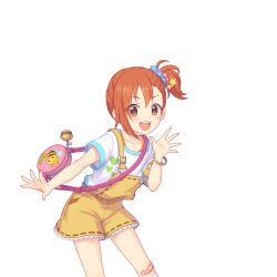 Rule 34 | bag, brown eyes, looking ahead, looking at viewer, medium hair, misogi (princess connect!), misogi (real) (princess connect!), official art, open mouth, orange hair, overalls, princess connect!, shoulder bag, side ponytail, tachi-e, transparent background, waving, yellow overalls