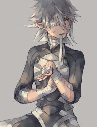 Rule 34 | 1boy, anocurry, armor, bad id, bad twitter id, bandaged arm, bandaged hand, bandaged neck, bandages, bandaid, bandaid on face, corrin (fire emblem), corrin (male) (fire emblem), corrin (male) (fire emblem), fire emblem, fire emblem fates, grey background, injury, male focus, nintendo, pointy ears, red eyes, simple background, solo