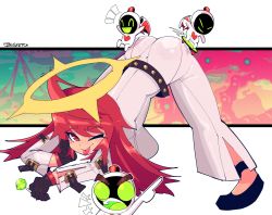 Rule 34 | 1girl, 3others, absurdres, ahoge, arc system works, ass, blush, bodysuit, breasts, candy, familiar, food, gloves, green eyes, guilty gear, guilty gear strive, halo, highres, jack-o&#039; challenge, jack-o&#039; valentine, jian, lollipop, long hair, looking at viewer, multiple others, one eye closed, red hair, shiny clothes, skin tight, smile, tongue, tongue out, top-down bottom-up, very long hair, wince