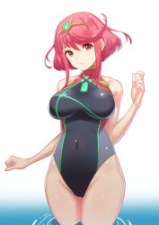 Rule 34 | 1girl, blush, breasts, competition swimsuit, earrings, green322, highres, jewelry, large breasts, looking at viewer, one-piece swimsuit, pyra (pro swimmer) (xenoblade), pyra (xenoblade), red eyes, red hair, short hair, simple background, smile, solo, swimsuit, tiara, xenoblade chronicles (series), xenoblade chronicles 2