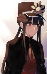 Rule 34 | 1boy, black hat, cape, family crest, fate/grand order, fate (series), frown, hat, highres, long hair, oda uri, peaked cap, ponytail, red eyes, red shirt, shirt, simple background, solo, tears, trap, upper body, yzrh0