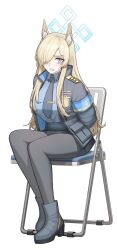 Rule 34 | 1girl, absurdres, animal ears, armband, bdsm, blonde hair, blue archive, blue eyes, blue shirt, bondage, bound, chair, cheogtanbyeong, halo, highres, kanna (blue archive), necktie, shirt, sitting, solo, twitter
