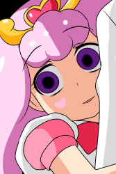 Rule 34 | 1girl, empty eyes, go! princess precure, hair ornament, heart, heart-shaped pupils, highres, hug, hug from behind, light purple hair, looking at viewer, nishi koutarou, open mouth, pink hair, precure, puff (go! princess precure), puff (go! princess precure) (human), smile, solo focus, symbol-shaped pupils