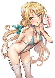 Rule 34 | 1girl, bare shoulders, blonde hair, blue one-piece swimsuit, blush, breasts, casual one-piece swimsuit, cleavage, collarbone, cowboy shot, elf, eyelashes, feet out of frame, female focus, halterneck, isshi pyuma, leaning forward, long hair, looking at viewer, low-tied long hair, low twintails, navel, o-ring, o-ring swimsuit, one-piece swimsuit, original, parted lips, pointy ears, serious, simple background, slingshot swimsuit, small breasts, solo, speech bubble, standing, swimsuit, thighhighs, translated, tsundere, twintails, twitter username, v-shaped eyebrows, very long hair, white background, white thighhighs, yellow eyes