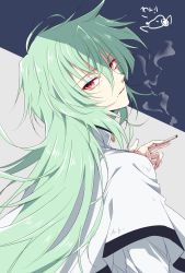 Rule 34 | 1boy, androgynous, bad id, bad twitter id, between fingers, cigarette, eteraito, expressionless, green hair, hair between eyes, highres, holding, kannazuki no miko, long hair, looking at viewer, male focus, multiple sleeves, red eyes, simple background, smoke, solo, tsubasa (knm), very long hair