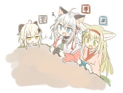 Rule 34 | 3girls, ahoge, arknights, blonde hair, blue eyes, blush, commentary request, controller, fang, game controller, green eyes, grey hair, hair between eyes, hairband, highres, holding, japanese clothes, kimono, kotatsu, long hair, long sleeves, mint (arknights), mint (tsukiyoi) (arknights), moon sugar, multiple girls, open mouth, pink kimono, playing games, red hairband, scene (arknights), scene (betsushi) (arknights), shirt, sidelocks, simple background, sketch, suzuran (arknights), suzuran (yukibare) (arknights), table, v-shaped eyebrows, very long hair, white background, white kimono, white shirt, yellow eyes