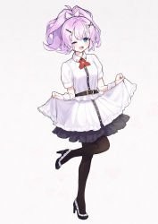 Rule 34 | 1girl, ;d, absurdres, akutaa, alternate costume, aqua eyes, azur lane, black footwear, black pantyhose, clothes lift, commentary request, eyes visible through hair, full body, hair ornament, hair ribbon, hairpin, high heels, highres, javelin (azur lane), long hair, looking at viewer, one eye closed, open mouth, pantyhose, ponytail, purple hair, ribbon, sidelocks, simple background, skirt, skirt lift, smile, solo, standing, standing on one leg, waitress, white background, wrist cuffs