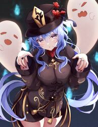 Rule 34 | 1girl, absurdres, alternate costume, black hat, black nails, black shorts, blue hair, boo tao (genshin impact), breasts, chinese clothes, claw pose, closed eyes, commentary, cosplay, fang, flower, ganyu (genshin impact), genshin impact, ghost, hat, highres, hu tao (genshin impact), hu tao (genshin impact) (cosplay), jewelry, large breasts, long hair, looking at viewer, nail polish, plum blossoms, purple eyes, ring, sa-ya2, short shorts, shorts, smile, solo, symbol-shaped pupils, twintails, wavy mouth