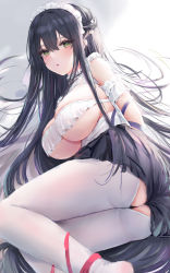 Rule 34 | 1girl, absurdres, arms behind back, ass, azur lane, bad id, bad pixiv id, black hair, black panties, black skirt, breasts, commentary request, frills, from side, green eyes, hair between eyes, hair ornament, highres, indomitable (azur lane), indomitable (ms. motivationless maid) (azur lane), large breasts, long hair, looking at viewer, looking to the side, lshiki, lying, maid headdress, official alternate costume, on side, open mouth, panties, skirt, solo, thighhighs, underboob, underwear, very long hair, white thighhighs