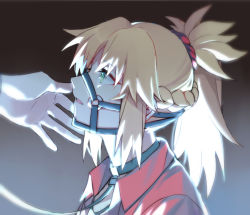 Rule 34 | 1girl, bdsm, blonde hair, braid, bridle, brown background, collar, collared jacket, fate/apocrypha, fate (series), green eyes, jacket, leash, long hair, looking away, mordred (fate), mordred (fate/apocrypha), o-ring, open clothes, open jacket, parted lips, ponytail, portrait, profile, red jacket, slave, solo focus, yorukun