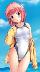 Rule 34 | 1girl, aikawa aika, alice gear aegis, alternate costume, blush, braid, breasts, cameltoe, competition swimsuit, covered navel, cowboy shot, crown braid, highleg, highleg swimsuit, highres, jacket, looking at viewer, ocean, one-piece swimsuit, open mouth, pink hair, purple eyes, short hair, skindentation, small breasts, solo, standing, swimsuit, swimsuit under clothes, tsuchimiya