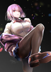 Rule 34 | 1girl, absurdres, bad id, bad pixiv id, black background, blouse, breasts, colored skin, gridman universe, highres, hirose (10011), jacket, large breasts, pantyhose, purple hair, red eyes, shinjou akane, shirt, shoes, signature, solo, ssss.gridman, white skin
