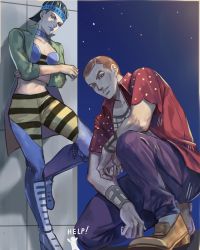 Rule 34 | 1boy, 1girl, against wall, black hair, blue lips, buzz cut, choker, crossed arms, eyeshadow, formaggio, gwess, hat, jacket, jojo no kimyou na bouken, korean commentary, looking at viewer, makeup, midriff, night, night sky, on one knee, orange hair, outdoors, pants, parted lips, power connection, shoes, short hair, sky, smile, squatting, star (sky), stone ocean, striped, vento aureo, vertical stripes, very short hair, yepnean