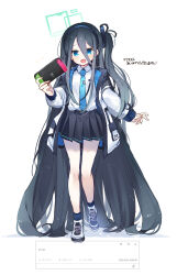 Rule 34 | 1girl, absurdly long hair, aqua halo, aris (blue archive), black hair, black hairband, black skirt, black socks, blue archive, blue eyes, blue necktie, blush, collared shirt, commission, full body, green halo, hairband, halo, handheld game console, highres, holding, holding handheld game console, jacket, long hair, long sleeves, multicolored clothes, multicolored jacket, necktie, nintendo switch, one side up, open clothes, open jacket, open mouth, pleated skirt, rectangular halo, ringed eyes, shirt, shoes, simple background, skirt, smile, socks, solo, two-tone jacket, very long hair, white background, white footwear, white jacket, white shirt, yun (dust-i1)