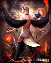 Rule 34 | 1boy, bare shoulders, belt collar, black wings, chain, cloud, collar, copyright name, cross, cross earrings, demon horns, demon tail, destiny child, earrings, grey sky, grin, highres, horns, jewelry, kei1115, lightning, looking at viewer, male focus, outdoors, red eyes, sky, smile, standing, tail, tattoo, white hair, wings