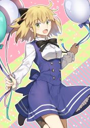 Rule 34 | 1girl, ahoge, alternate costume, artoria pendragon (all), artoria pendragon (fate), balloon, black bow, black ribbon, blonde hair, blue dress, blue ribbon, blush, bow, breasts, brown footwear, buttons, commentary request, dress, fate/grand order, fate/stay night, fate (series), green eyes, hair between eyes, hair bow, hair ornament, hair ribbon, heroic spirit festival outfit, highres, holding, holding balloon, long sleeves, looking at viewer, medium breasts, nikame, open mouth, ribbon, saber (fate), saber lily, saber lily (festival outfit) (fate), short hair, signature, smile, solo