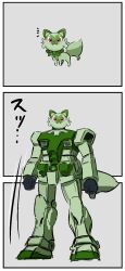 Rule 34 | 3koma, cacomistle (artist), cat tail, comic, commentary request, creatures (company), fangs, game freak, grey background, gundam, highres, looking at viewer, mecha, meme, mobile suit, mobile suit gundam, nintendo, no humans, nyaoha tatsu na (meme), pokemon, pokemon (creature), red eyes, robot, rx-78-2, silent comic, simple background, sprigatito, tail