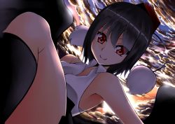 Rule 34 | 1girl, alternate costume, armpits, backlighting, bird wings, black hair, black thighhighs, close-up, cloud, cloudy sky, dutch angle, hat, kuronekomanjuu, looking at viewer, outstretched arm, pom pom (clothes), red eyes, shameimaru aya, shirt, short hair, sky, sleeveless, sleeveless shirt, smile, solo, thighhighs, tokin hat, touhou, twilight, wings