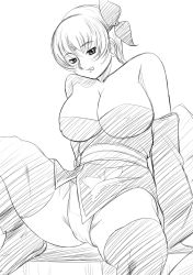 Rule 34 | 1girl, :p, ayane (doa), blush, breasts, cleavage, dead or alive, female focus, highres, hinokawa jun, large breasts, legs, monochrome, naughty face, panties, sitting, sketch, solo, spread legs, tecmo, thighs, tongue, tongue out, underwear
