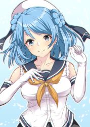Rule 34 | 1girl, aga marino, bad id, bad twitter id, blue background, blue eyes, blue hair, commentary request, double bun, elbow gloves, gloves, grey skirt, hair bun, hat, kantai collection, looking at viewer, neckerchief, sailor hat, school uniform, serafuku, skirt, sleeves rolled up, socks, solo, upper body, urakaze (kancolle), white gloves, white hat, white socks, yellow neckerchief