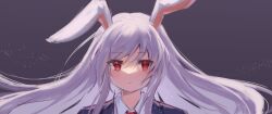 Rule 34 | 1girl, absurdres, animal ears, black jacket, blazer, collared shirt, commentary request, grey background, highres, jacket, long hair, necktie, purple hair, rabbit ears, red eyes, red necktie, reisen udongein inaba, shirt, simple background, solo, tazaki yokka, touhou, upper body, very long hair, white shirt