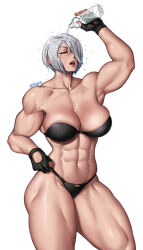 Rule 34 | 1girl, abs, alternate muscle size, angel (kof), bare shoulders, biceps, bottle, bra, breasts, cleavage, collarbone, fingerless gloves, gloves, hair over one eye, highres, holding, holding bottle, large breasts, midriff, mootium, muscular, muscular female, navel, obliques, open mouth, panties, pouring, pouring onto self, short hair, simple background, snk, solo, spilling, sports bra, strapless, strapless bra, the king of fighters, the king of fighters xiv, thick thighs, thighs, toned, underwear, veins, veiny arms, water bottle, wet, white background, white hair