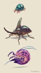 Rule 34 | animal, animal focus, antennae, artist name, beetle, bug, carapace, commentary, extra eyes, from side, full body, highres, insect, mandibles, murayama ryota, no humans, original, signature, simple background, yellow background