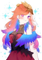 Rule 34 | 1girl, arms behind back, black ribbon, blue hair, blue wings, blush, breasts, chiyomaru (yumichiyo0606), cleavage, closed mouth, dress, earrings, embroidery, feather earrings, feathered wings, feathers, frilled dress, frills, gradient hair, hair ornament, highres, hololive, hololive english, jewelry, large breasts, light smile, long hair, looking at viewer, multicolored hair, official alternate costume, orange hair, purple eyes, red dress, ribbon, see-through, see-through cleavage, simple background, sleeveless, sleeveless dress, solo, sparkle, swept bangs, takanashi kiara, takanashi kiara (party dress), virtual youtuber, white background, wings