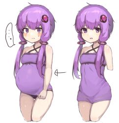 Rule 34 | ..., 1860 (ichi), 1girl, before and after, blush, breasts, covered navel, criss-cross halter, cropped legs, dress, dress tug, empire waist, hair ornament, halterneck, long hair, microdress, multiple views, panties, pregnant, purple dress, purple eyes, purple hair, short hair with long locks, simple background, small breasts, spoken ellipsis, sweatdrop, twintails, underwear, voiceroid, white background, yuzuki yukari