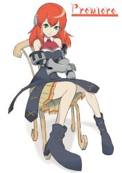Rule 34 | 1girl, armor, armored dress, boots, chair, character name, full body, gauntlets, green eyes, long hair, luv, primiera, primiera (saga), red hair, saga, saga frontier 2, sitting, solo, white background