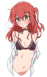 Rule 34 | 1girl, :o, bespectacled, black bra, black choker, bocchi the rock!, bra, breasts, choker, glasses, green eyes, hair between eyes, highres, kita ikuyo, looking at viewer, medium hair, mel (melty pot), navel, one side up, open clothes, open shirt, red hair, shirt, simple background, small breasts, solo, underwear, white background, white shirt