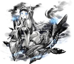 Rule 34 | 1girl, abyssal ship, american destroyer princess, bare shoulders, blue eyes, blunt bangs, breasts, chain, choker, colored skin, grey skin, hair ornament, kantai collection, kneeling, long hair, looking at viewer, medium breasts, non-web source, official art, parted lips, smoke, solo, star (symbol), star hair ornament, transparent background, turret, white skin, zeco