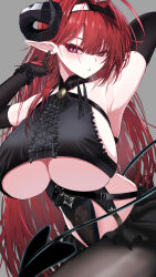 Rule 34 | arm behind head, armpits, arms up, azur lane, black headband, black horns, breasts, center cross lace, clothing cutout, covered navel, curled horns, demon girl, demon tail, elbow gloves, forward facing horns, gloves, hand in own hair, headband, highres, hindenburg (azur lane), horns, huge breasts, kazam fm, long hair, looking at viewer, red eyes, red hair, see-through, sideboob, slit pupils, tail, underboob cutout