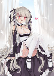 Rule 34 | 1girl, ass, azur lane, between breasts, black dress, black footwear, black nails, bow, breasts, cleavage, clothing cutout, detached collar, dress, feathers, formidable (azur lane), frilled dress, frills, garter straps, grey hair, hair bow, hand up, high heels, highres, knees up, large breasts, long hair, looking at viewer, nail polish, open mouth, panties, red eyes, shoulder cutout, sitting, smile, solo, thighhighs, tot (zhxto), twintails, underwear, very long hair, white panties, white thighhighs