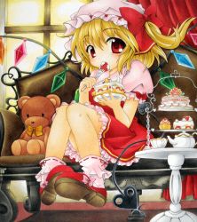 Rule 34 | 1girl, blonde hair, bobby socks, brown upholstery, cake, cake slice, cup, dress, eating, female focus, flandre scarlet, food, fork, fruit, hat, heart, highres, looking at viewer, mob cap, pastry, ponytail, red dress, red eyes, red footwear, shikishi, shoes, short hair, side ponytail, sitting, socks, solo, strawberry, strawberry shortcake, stuffed animal, stuffed toy, teacup, teapot, teddy bear, tiered serving stand, tiered tray, touhou, traditional media, wings, yuki tsuki sou, yukitsuki kokoro