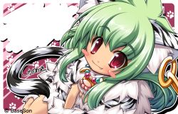 Rule 34 | animal ears, blush stickers, cat ears, earrings, fang, from above, green hair, jewelry, koihime musou, kuwada yuuki, long hair, looking up, midriff, moukaku, necklace, red eyes, sitting, smile, solo, tail