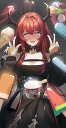 Rule 34 | 1girl, absurdres, ahegao, arknights, black dress, blush, breasts, crying, crying with eyes open, double v, dress, food, grey background, haagen-dazs, hair intakes, heart, heart-shaped pupils, highres, horns, ice cream, ice cream bar, ice cream cone, long hair, long sleeves, mo ne, open mouth, popsicle, purple eyes, red hair, sexually suggestive, solo, surtr (arknights), symbol-shaped pupils, tears, teeth, tongue, tongue out, upper teeth only, v