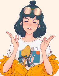 Rule 34 | 1girl, absurdres, arms up, black hair, braid, commentary, elliemaplefox, english commentary, eyewear on head, grin, hair bun, half-closed eyes, hands up, highres, jacket, jacket tug, looking at viewer, original, parted lips, print shirt, selfie, shirt, short sleeves, simple background, smile, solo, tan background, twin braids, upper body, v, white shirt, yellow headwear, yellow jacket