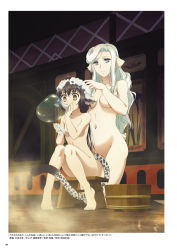 Rule 34 | 2girls, age difference, animal ears, anju (utawarerumono), bare arms, bare legs, bare shoulders, barefoot, breasts, brown eyes, brown hair, bubble, character request, collarbone, feet, full body, grey eyes, groin, hair down, highres, kneeling, large breasts, long hair, multiple girls, munechika, nakata masahiko, navel, nude, official art, page number, scan, silver hair, sitting, small breasts, smile, soap, steam, tail, underboob, utawarerumono, utawarerumono: itsuwari no kamen, very long hair, wavy hair